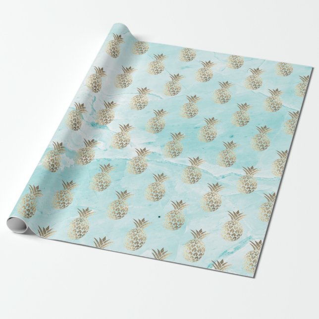 Papier Cadeau or rayures aqua marbre ananas or (Déroulé)
