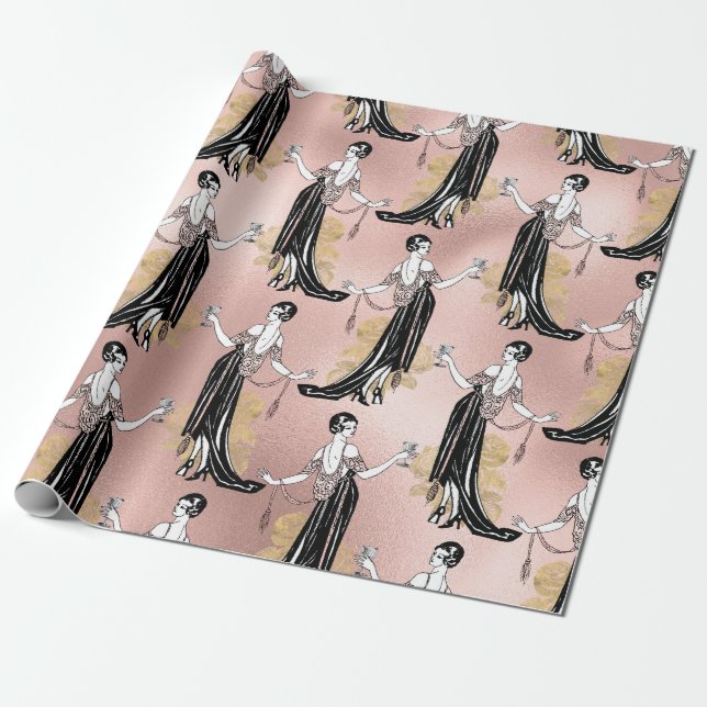 Papier Cadeau Or rose et rose blush Art Déco vin (Déroulé)
