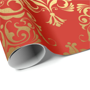 Papier Cadeau Or Royal Damask Floral Orament Rouge Antonietta