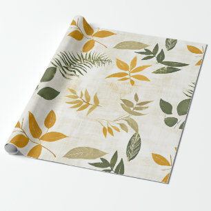 Papier Cadeau Or rustique doré et feuilles vertes sur crème