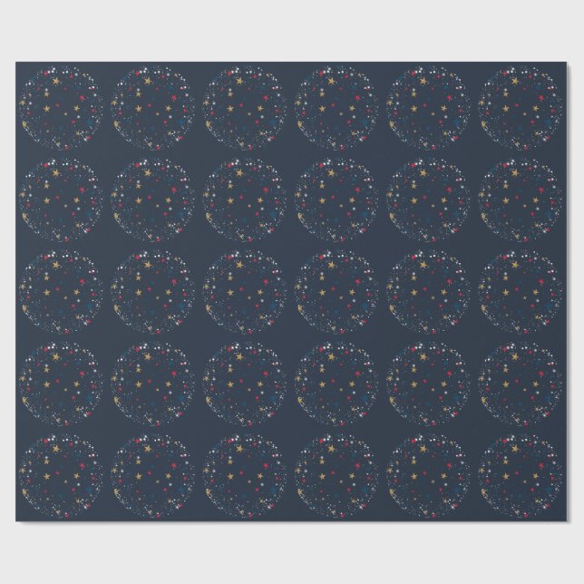 Papier Cadeau Or, stars rouges, snowflakes on blue. Solive (Plat)