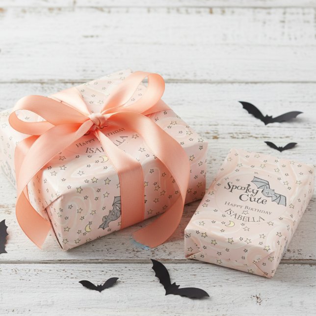 Papier Cadeau Orange Batty, Etoiles & Lunes Éffrayant mignon (Orange & Black Spooky Cute Bats Wrapping Paper for Halloween Birthday Party & Kids October Birthday)