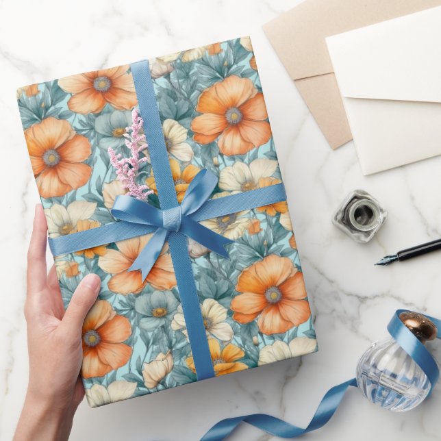 Papier Cadeau Orange bleu fleur (Cadeaux)
