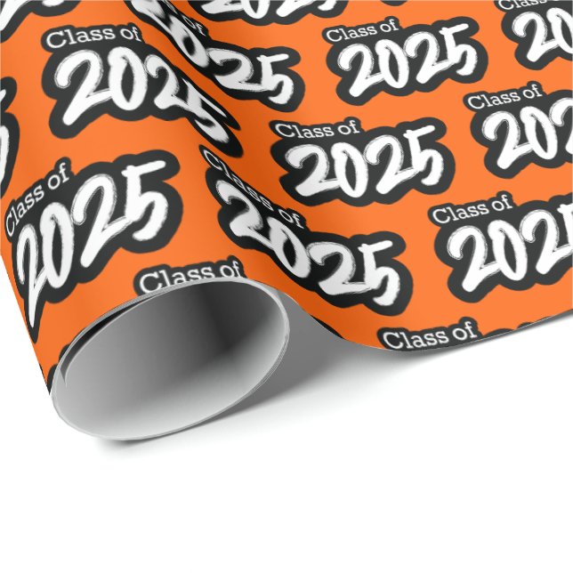 Papier Cadeau Orange Bold Brush classe of 2025 Wrapping Paper (Coin rond)