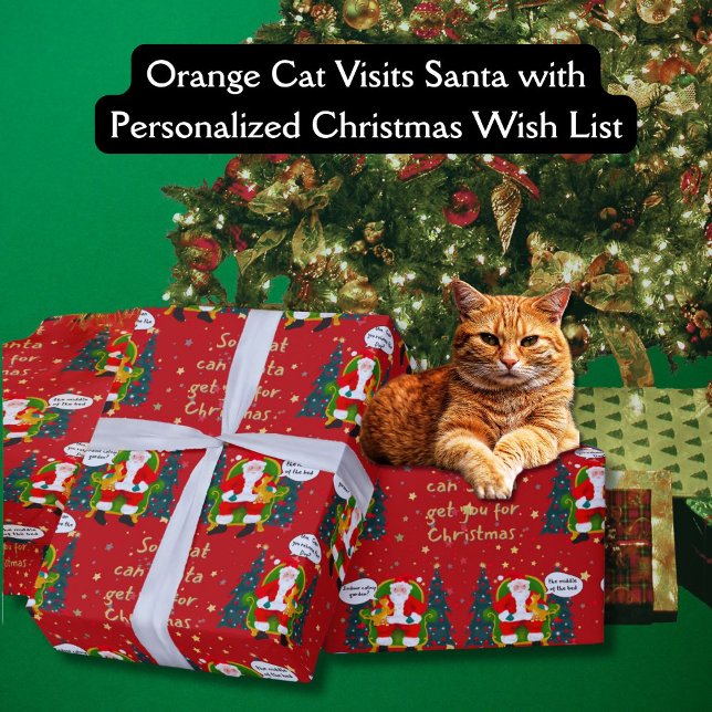 Papier Cadeau Orange Cat Tells Père Noël Hilariary Wings Noël (Cute Christmas Gift wrap with a funny orange cat telling Santa Cat Christmas wishes; rehome the dog?)