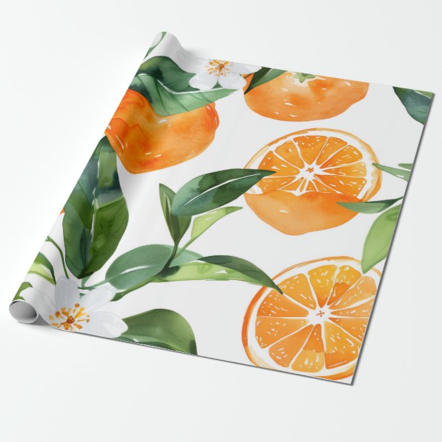 Papier Cadeau Orange Citron Aquarelle Méditerranéen (Déroulé)