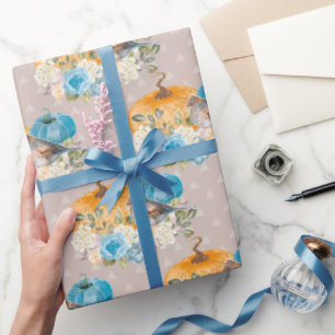 Papier Cadeau Orange Citrouille Blue Citrouilles et fleurs Merci