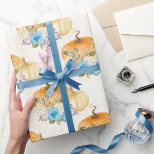 Papier Cadeau Orange Citrouilles et fleurs bleues Thanksgiving