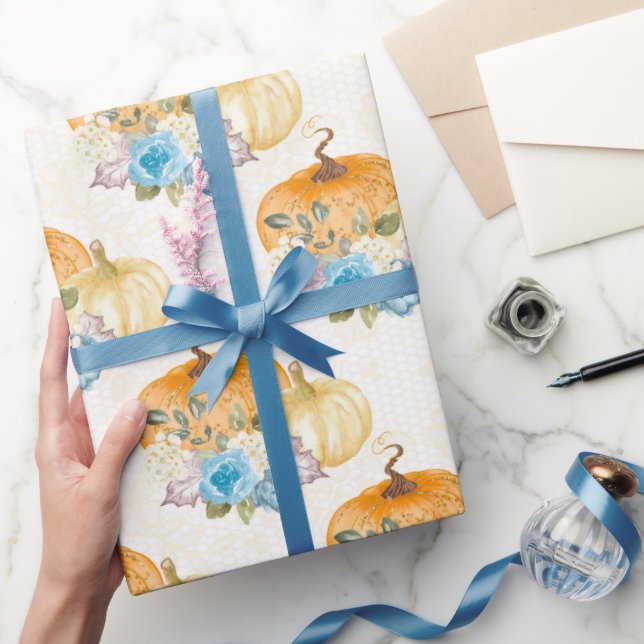 Papier Cadeau Orange Citrouilles et fleurs bleues Thanksgiving (Cadeaux)