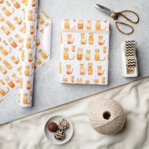 Papier Cadeau Orange Dots et Chats Anniversaire