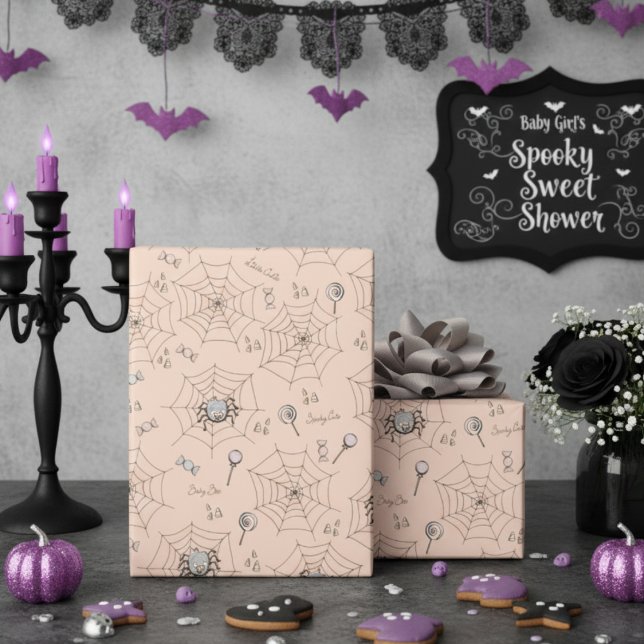 Papier Cadeau Orange Éffrayant mignonne Bébé araignées, Webs & C (Spooky Gender Neutral Halloween Baby Shower Wrapping Paper. Orange Spiders & Webs Pattern for Kids)