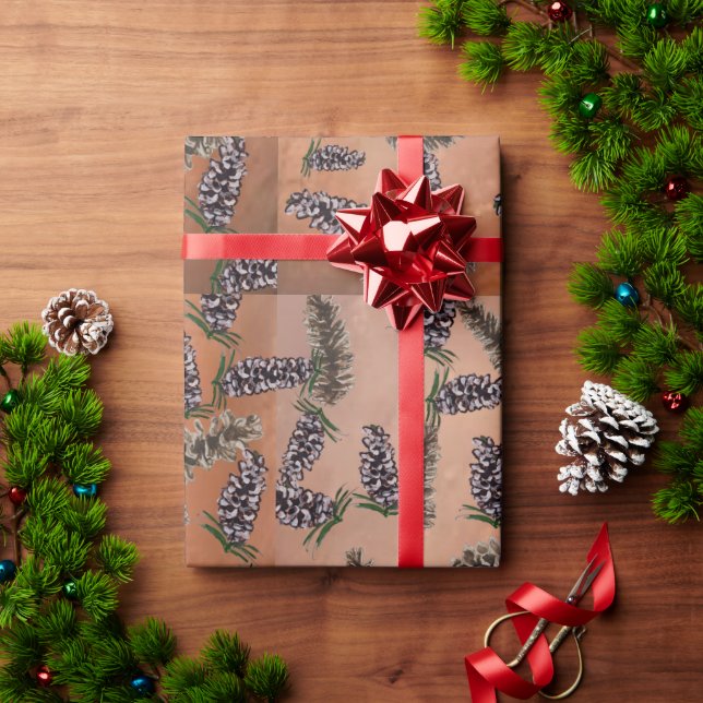 Papier Cadeau orange épicé avec cônes de pin (Cadeau de vacances)
