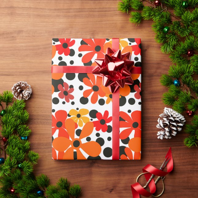 Papier Cadeau Orange fleur funky & pois noirs (Cadeau de vacances)