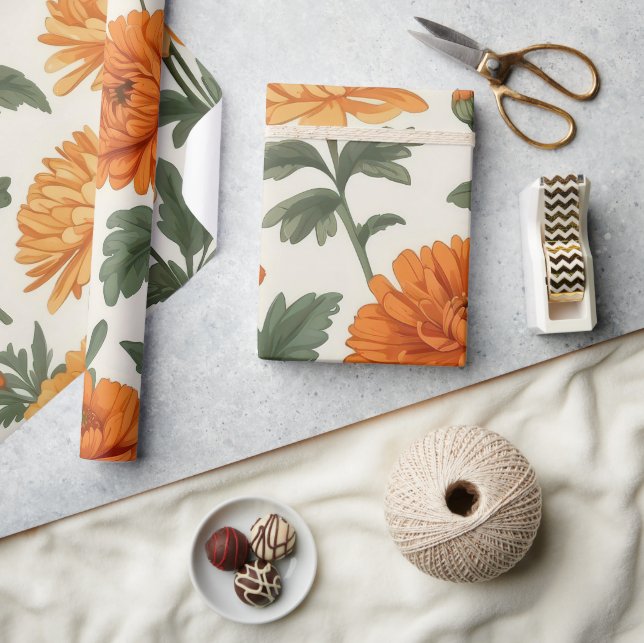 Papier Cadeau Orange Gold Automne Marigolds Foliage Motif (Artisanat)