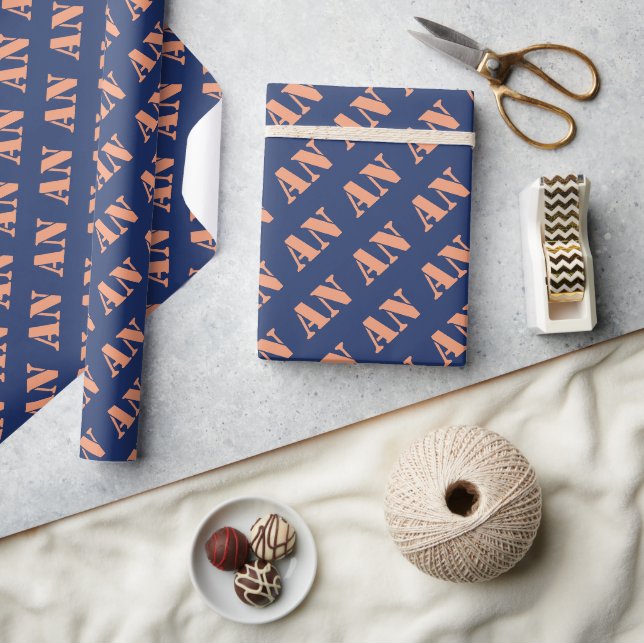 Papier Cadeau Orange Navy Férié Monogramme Initial Personnalisé  (Artisanat)
