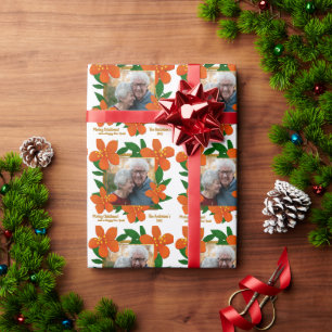 Papier Cadeau Orange Rouge Floral Or encadré Photo Noël