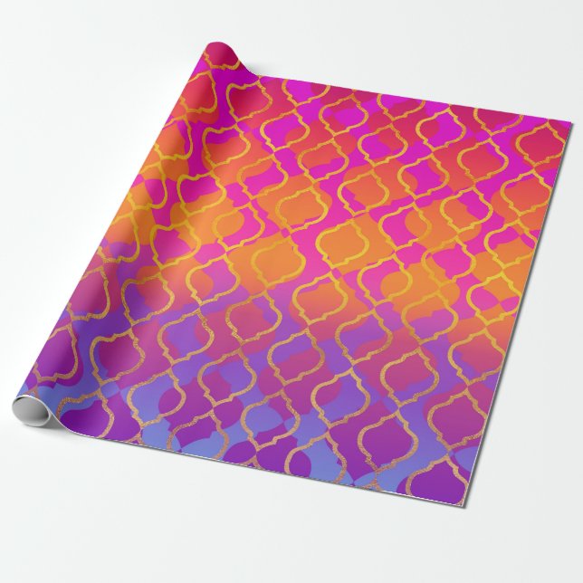 Papier Cadeau Orange Violet Fuchsia Quatrefeuille Vif Éclatant (Déroulé)