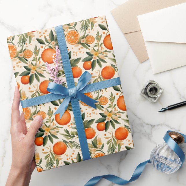 Papier Cadeau Oranges d'aquarelle et branches en fleurs Motif (Cadeaux)