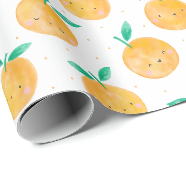 Papier Cadeau Oranges d'aquarelle mignonne sur blanc (Coin rond)