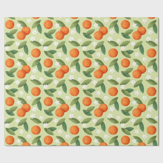 Papier Cadeau Oranges, Feuilles verts et fleurs blanches Motif (Couture)