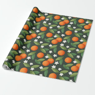 Papier Cadeau Oranges, Feuilles verts et fleurs blanches Motif
