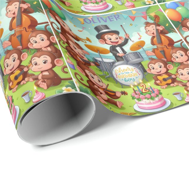 Papier Cadeau orchestre de singe mignon garçon de 2 ans pour béb (Coin rond)