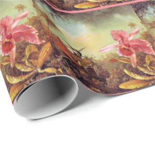 Papier Cadeau Orchidée avec deux colibris, peinture d'art