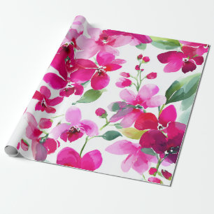 Papier Cadeau Orchidée Magenta Fleurie Botanique Rose Chaud Vint