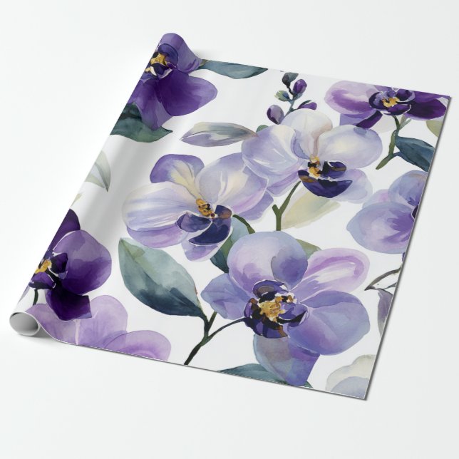 Papier Cadeau Orchidée Violette Pourpre Élégante Florale Botaniq (Déroulé)