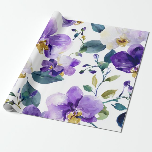 Papier Cadeau Orchidée Violette Pourpre Élégante Florale Botaniq (Déroulé)