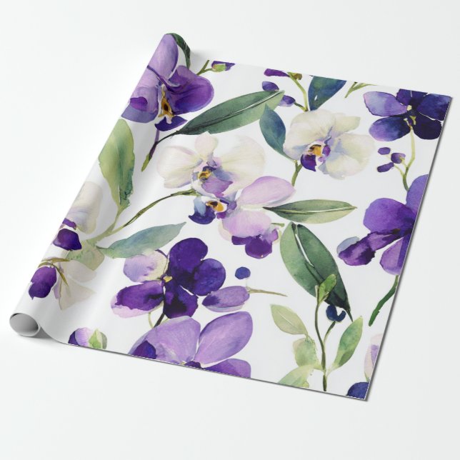 Papier Cadeau Orchidée Violette Pourpre Élégante Florale Botaniq (Déroulé)