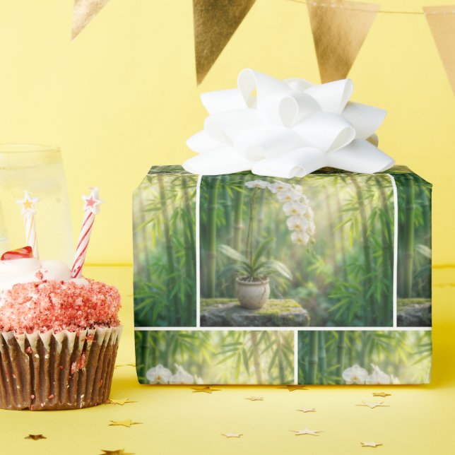 Papier Cadeau Orchidées blanches et forêt de bambou (Fête d'anniversaire)