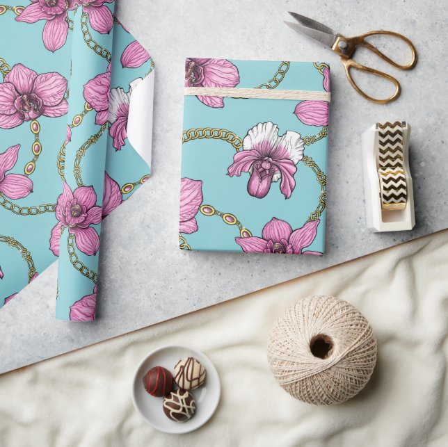 Papier Cadeau Orchidées et chaînes, roses et bleues (Artisanat)