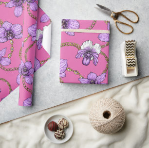 Papier Cadeau Orchidées et chaînes, violet et rose