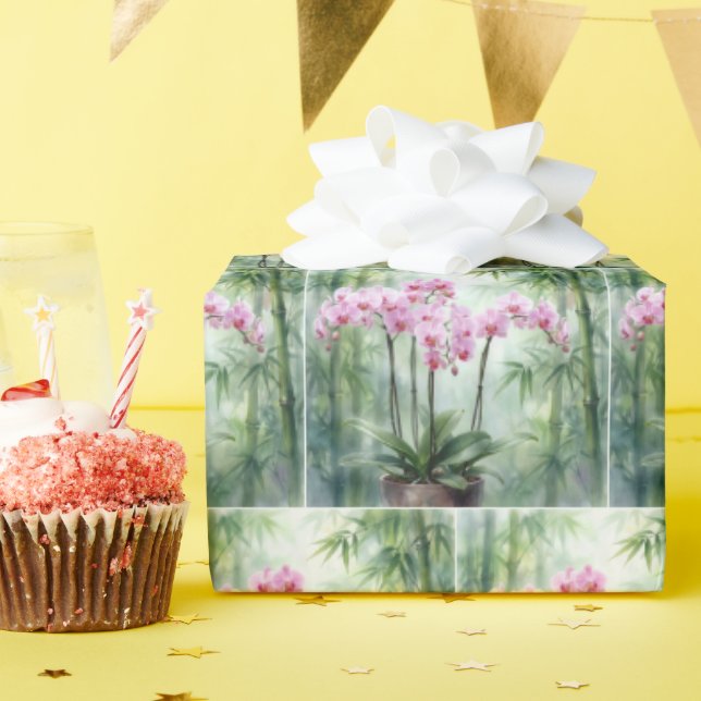 Papier Cadeau Orchidées roses éthérées et bambou (Fête d'anniversaire)