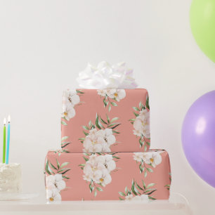 Papier Cadeau Orchidées tropicales et palmier sur corail