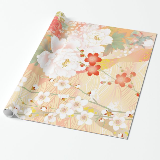 Papier Cadeau Oriental Accent japonais Floral Couleurs douces-1 (Déroulé)