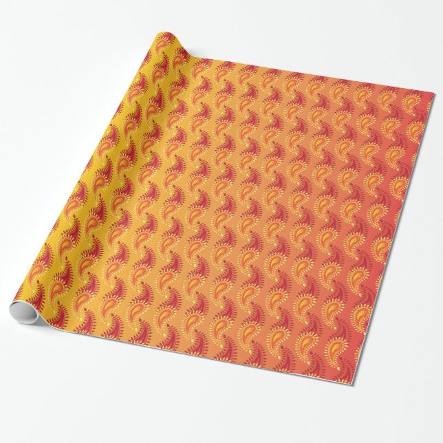 Papier Cadeau Oriental Orange Twin flamme Persian Paisley Motif (Déroulé)