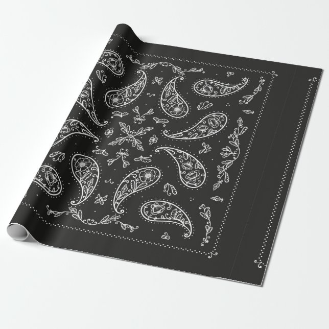 Papier Cadeau Ornement Bandana noir et blanc Paisley Imprimer. V (Déroulé)
