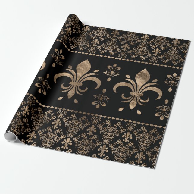 Papier Cadeau Ornement de luxe en noir et or Fleur de lis (Déroulé)