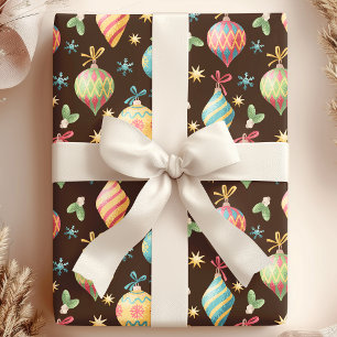 Papier Cadeau Ornement de Noël à l'aquarelle Brun Fêtes