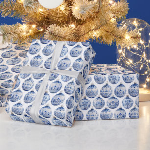 Papier Cadeau Ornement de Noël blanc et bleu vintage