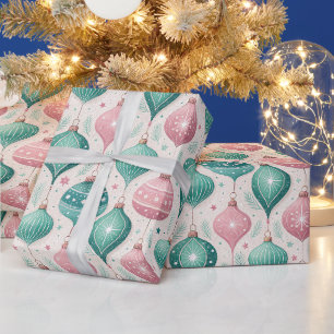 Papier Cadeau Ornement de Noël boule rose et sarcelle