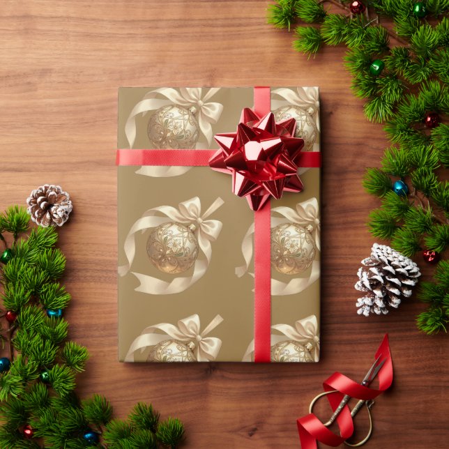 Papier Cadeau Ornement de Noël Élégant Beige et Marron (Cadeau de vacances)
