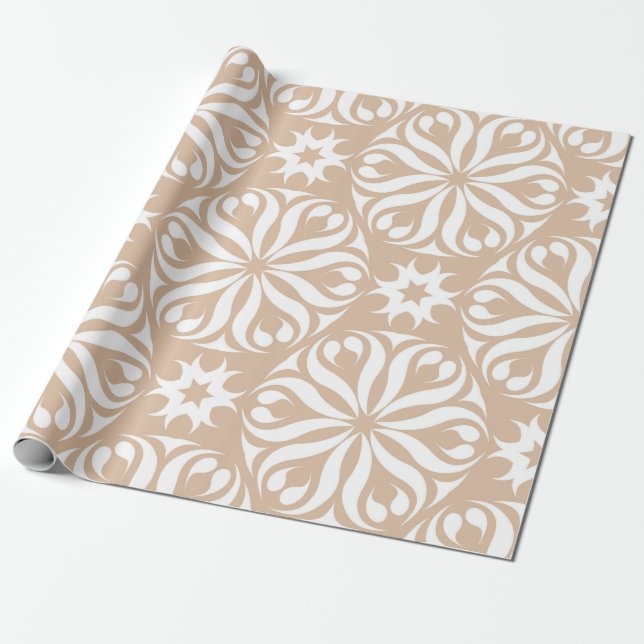 Papier Cadeau Ornement fleuri beige et blanc. Motif transparent (Déroulé)