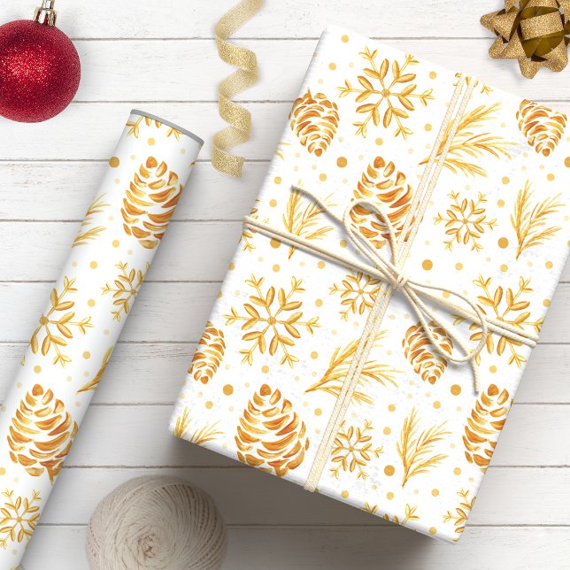 Papier Cadeau Ornement rustique de Noël en pin doré (Créateur téléchargé)