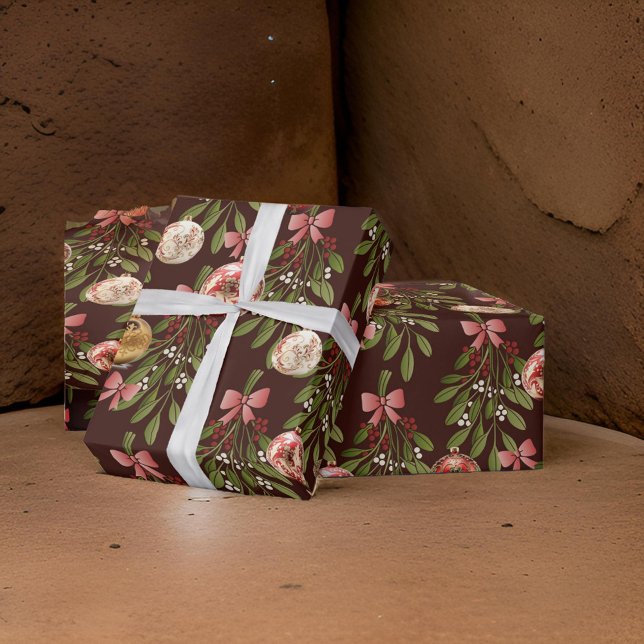 Papier Cadeau Ornements Brown Bow Mistletoe Holly (Créateur téléchargé)