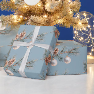 Papier Cadeau Ornements Cônes de Pin Sapin de Noël Bleu  