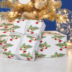 Papier Cadeau Ornements de chapeau de Père Noël rouge Branches d