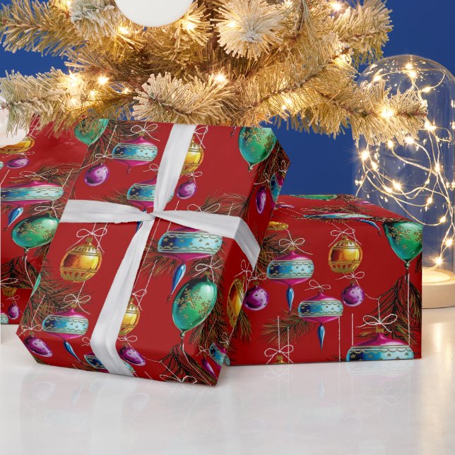 Papier Cadeau Ornements de milieu de siècle sur fond rouge (Vacances)